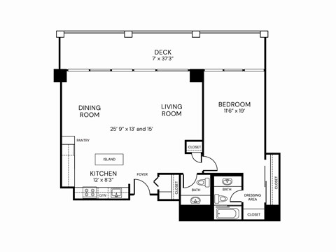 A black and white image of a floor plan for a small apartment.